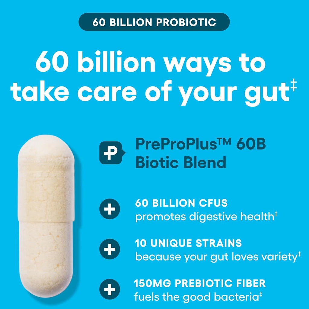 Probiotics 60 Billion CFU - 10 Strains + Organic Prebiotics - Immune, Digestive & Gut Health - Supports Occasional Constipation, Diarrhea, Gas & Bloating - for Women & Men - 30Ct
